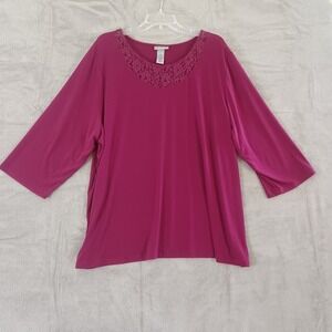 Catherines Top Sz 2X Burgundy Flowy Stretch‎ 3/4 Sleeve Casual Travel Office